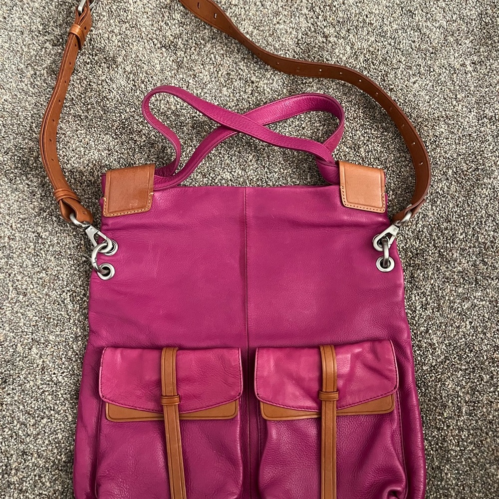 Pink and Tan Leather Shoulder Bag
